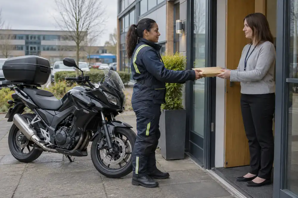 Motorcycle courier with secure small consignment, providing business courier service