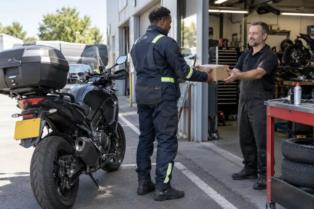 Motorcycle courier with secure small consignment, providing motorcycle parts delivery service