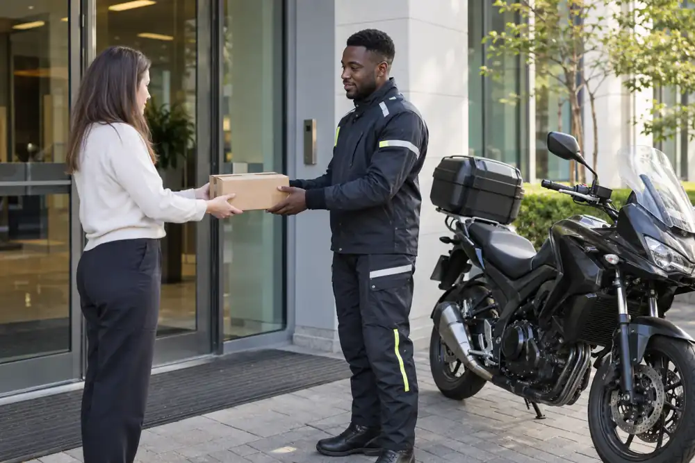 Motorcycle courier with secure small consignment, providing tracked motorbike delivery service